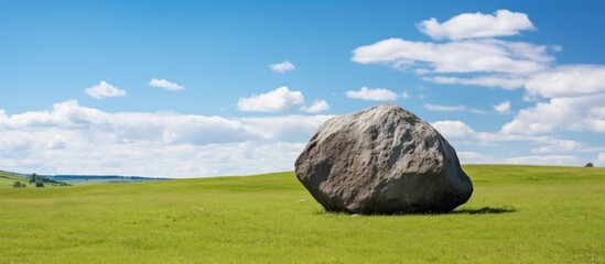 Poster - big shimmering stone on a background of blue sky and green grass. Creative banner. Copyspace image