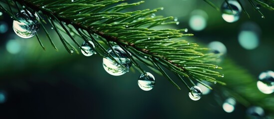 Fototapete - Christmas tree needles in dew drops. Creative banner. Copyspace image
