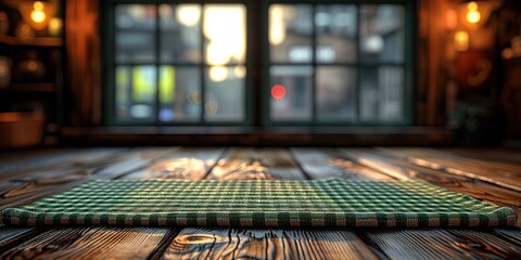 Sticker - wooden table with a green and white checkered cloth 