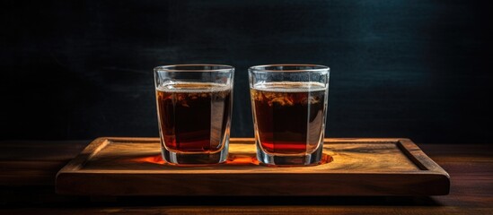 Leinwandbilder - Coffee with milk two glasses on a wooden surface Two glasses with coffee on wooden tray on dark background. Creative banner. Copyspace image