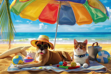 dog and cat on a beach, celebrate the joy of summer holidays with a heartwarming scene featuring an 