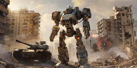 a image of a robot standing in front of a tank in a city