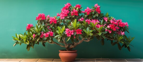 Poster - adenium plant leaves a very beautiful green color in front of the house. Creative banner. Copyspace image