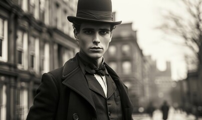 Portrait of a 19th century young British gentleman standing on the britain city street, Generative AI 
