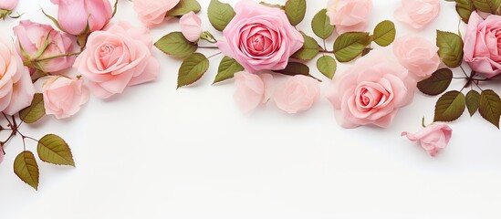 Aufkleber - rose flowers and leaves on white background. Creative banner. Copyspace image