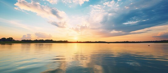 Poster - yellow sunset where the river flows into the sea there are low blue clouds in the sky. Creative banner. Copyspace image