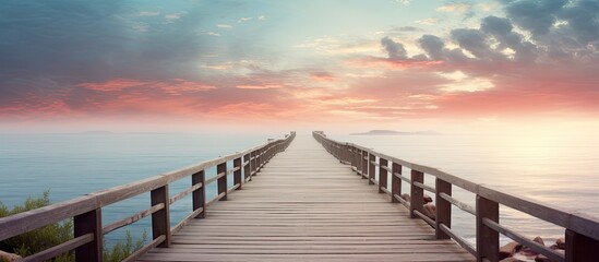 Sticker - wooden bridge in the park to the ocean or sea. Creative banner. Copyspace image