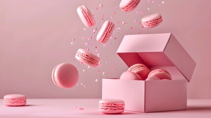 Sticker - A light and airy display of floating pink macarons falling into an open pink box. Delicate and elegant food styling for sweet treats. Perfect for dessert lovers. AI