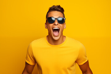 Excited young man in yellow t-shirt and glasses, open mouth, amazed guy looking at amazing offer or deal, yellow studio background. Generative AI