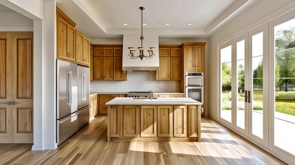 Poster - Spacious kitchen with wooden cabinets and an island in natural sunlight. Modern design for cooking and socializing. Ideal setting for meal preparation or casual dining. AI