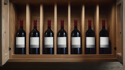 Red wine bottles in a wooden rack. Simple design with clean lines. Ideal for advertising or product showcase. Modern yet classic style. AI