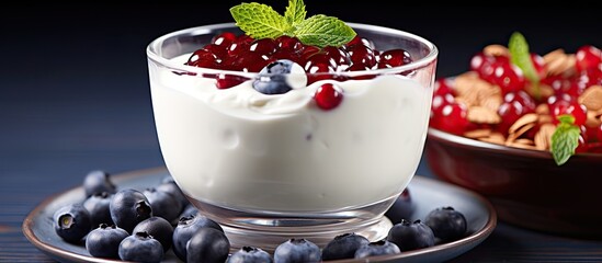 Poster - Healthy Breakfast Creamy dessert with fresh juicy berries cranberries and blueberries Panna cotta. Creative banner. Copyspace image