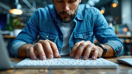 closeup of man s hands typing on a keyboard of computer in corporate creative and business office male employee doing research on internet or programming web development. stock image