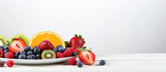 Sticker - mixed fresh fruits strawberry raspberry blueberry kiwi mango on white plate. Creative banner. Copyspace image