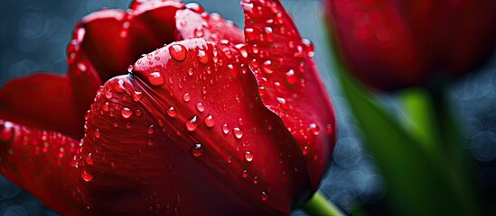 Sticker - Closeup of red tulip petal with droplets of water. Creative banner. Copyspace image