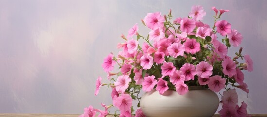 Wall Mural - pink petunia flowers in a large vase. Creative banner. Copyspace image