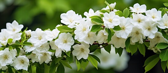 Wall Mural - White bush flower with green leaf background. Creative banner. Copyspace image