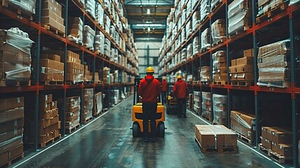 workers scan and sort packages and move inventory using pallet trucks and forklifts in a retail warehouse full of shelves .stock illustration