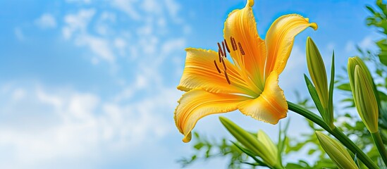 Sticker - Yellow lemon daylily Hemerocallis lilioasphodelus flava on a flower bush in narrow green leaves green trees with gaps of blue sky in the background macro full face photo flash vertical