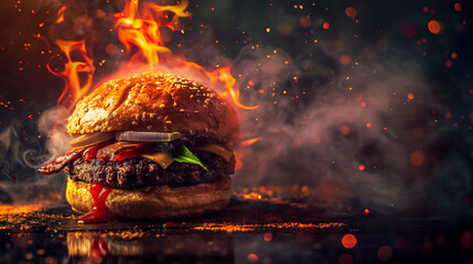 Fresh tasty burger, Fast food concept Fresh homemade grilled, Fiery Fresh Burger Magic