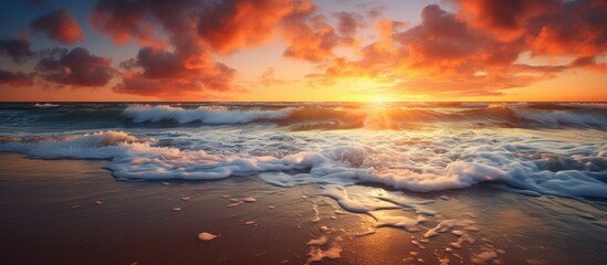 Wall Mural - amazing beach sunset with beautiful sunset and incredible foamy waves. creative banner. copyspace im