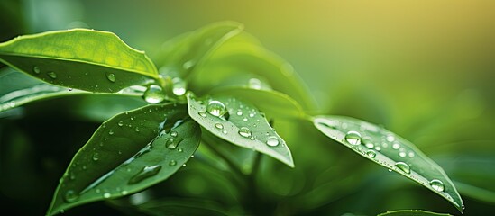 Aufkleber - texture Large green leaves Dew drops shine in the sun Leaf after rain. Creative banner. Copyspace image