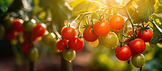 Wall Mural - Ripe cherry tomatoes on a plant in the vegetable garden. Creative banner. Copyspace image