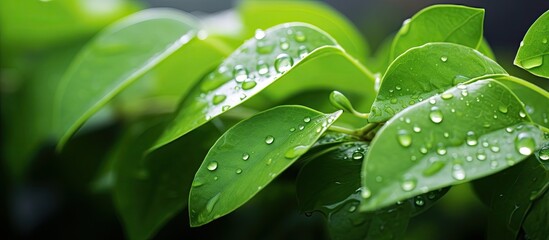 Aufkleber - texture Large green leaves Dew drops shine in the sun Leaf after rain. Creative banner. Copyspace image