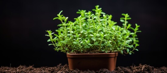 Aufkleber - bush organic thyme in a pot for seedlings on a dark background selective focus closeup. Creative banner. Copyspace image