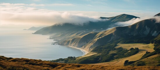 Wall Mural - sea mist rolling in over the hills near point reyes. creative banner. copyspace image