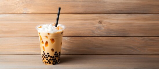 Iced Milk tea with bubble and big straw in the glass jar stand on the wooden background. Creative banner. Copyspace image