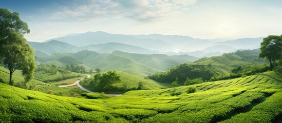 Poster - Beautiful scenery of the tea plantation area with green leaf covered the hillside and road crossing. Creative banner. Copyspace image