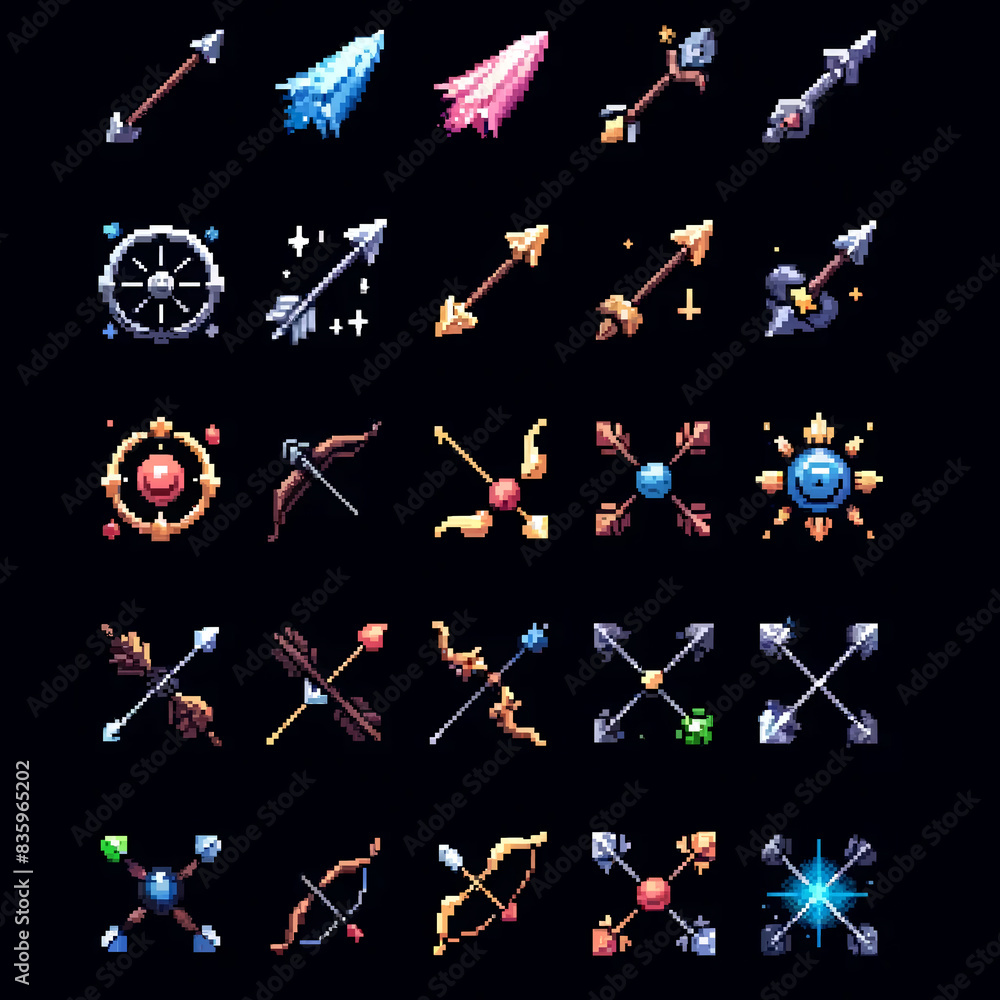 Sprite sheet featuring pixel art magic bows for RPG Stock Illustration ...