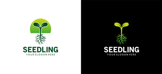 Wall Mural - Green seedling logo design, icon symbol of a small plant with roots growing naturally