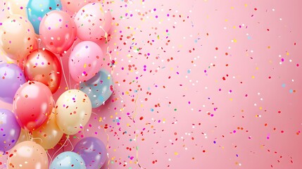 Wall Mural - This birthday background features colorful balloons and confetti on a pastel pink background in the style of a celebration.