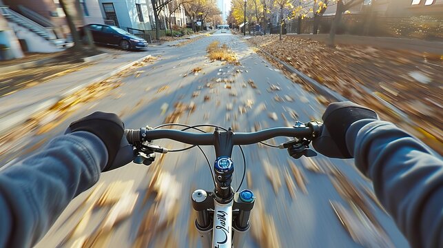 First person perspective of riding a bicycle, highlighting the environment and movement