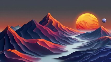 Wall Mural - A mountain range with a large orange sun in the sky