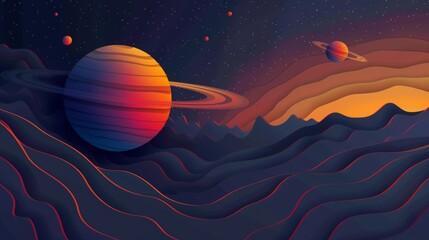 Wall Mural - A colorful planet with a ring around it is shown in the sky