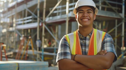 Young Male Construction Worker Smiling at Construction Site, Pacific Islander Appearance, Teamwork, Construction Project