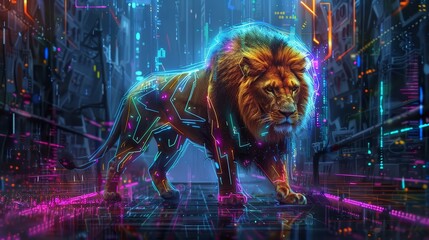 Sticker - Digital of a lion evolving and transforming into a robotic,cyberpunk creature surrounded by neon lights and futuristic,abstract urban cityscape.