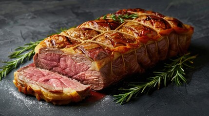 Wall Mural - A steak with a crisp outer layer, sliced to show a rare interior, decorated with rosemary.