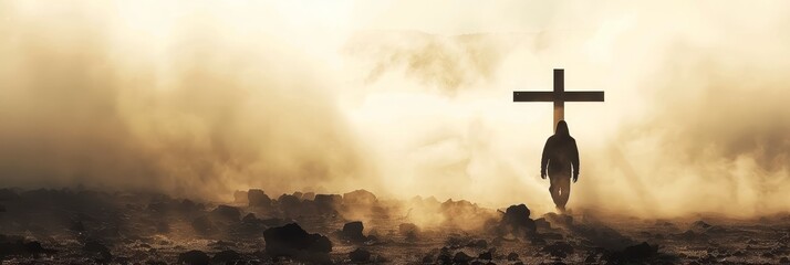Wall Mural - Stunning Silhouette of a Man with Cross in Smoky Desert Bathed in Sunlight - A Religious of Faith, Hope, and Worship