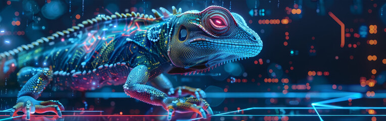 Wall Mural - Lizard Evolution: A Robotic Creature Emerging from the Digital Realm, Illustrating the Fusion of Nature and Technology, Showcasing a Futuristic Vision of Evolving Intelligence.