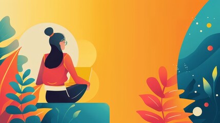 Poster - Serene silhouetted figure of a person meditating in a lotus position amid lush,vibrant tropical plants and foliage during a beautiful sunset landscape. The scene evokes a sense of tranquility.