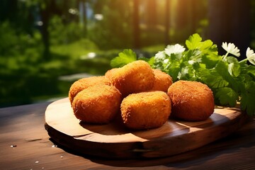 Wall Mural - Fresh tasty Croquette on wooden background. Fresh Croquette.