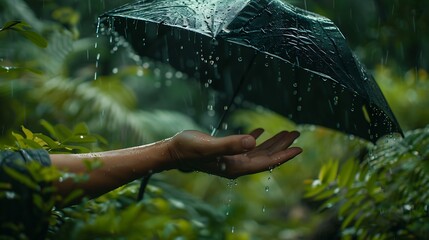 Wall Mural - Close-up of hand with umbrella in rain against lush greenery.