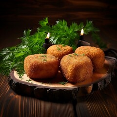 Wall Mural - Fresh tasty Croquette on wooden background. Fresh Croquette.