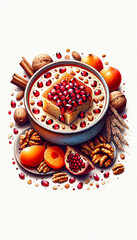 Wall Mural - Delightful Ashura dessert with pomegranate seeds, walnuts, dried apricots, and cinnamon sticks.