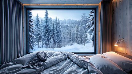 Wall Mural - Luxurious bedroom overlooking snowy pine forest and mountains