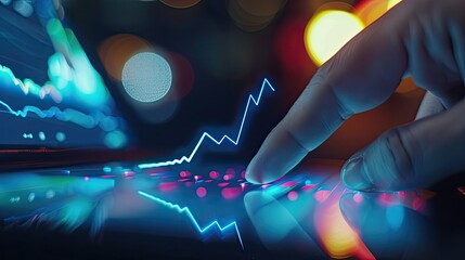 Close-up of a hand pointing to a rising line graph on a digital tablet.
